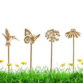 4Pcs Rusty Garden Decorative Stakes Metal Flowers Butterfly and Hummingbird Garden Decor Plant Pot Decorations for Indoor Outdoor Patio Lawn Yard Art 14.17Inch