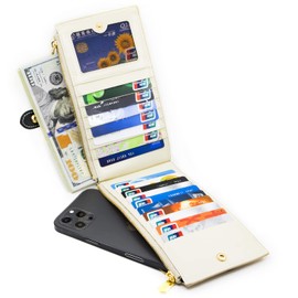 ANDOILT Women's Genuine Leather Wallet RFID Blocking Credit Card Holder Zipper Purse Cell Phone Handbag Creamy White