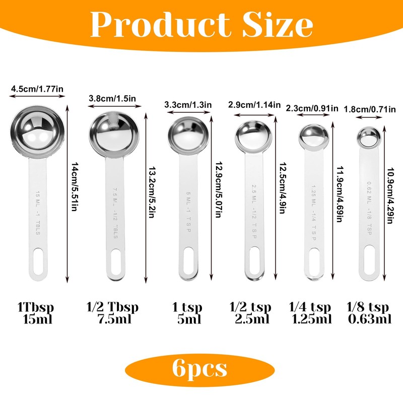 6 Pcs Stainless Steel Measuring Spoons Set, Metal Measure Spoons,