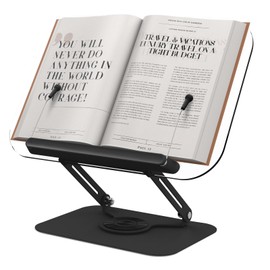 Acrylic Book Stand for Reading Hands Free - Adjustable 360° Rotating Cookbook Holder with Elastic Page Clips & Foldable Base, Multi-Angle Desktop Display Stand for Recipes, Laptops, Tablets, Bibles