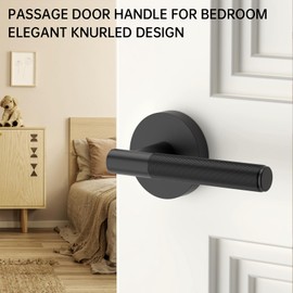 FILTA 3 Pack Black Door Handles Interior Passage Round Door Handle Knobs Knurled Heavy Duty Keyless Door Lever Lock for Bedroom and Bathroom
