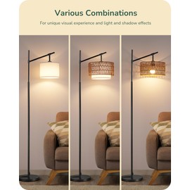 EDISHINE Rattan Floor Lamp with Dimmable Bulb, 5 Color Temperatures, Adjustable Farmhouse Standing Lamp with Remote, Black Floor Lamps for Living Room, Office, Bedroom
