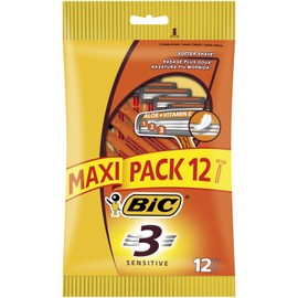 BIC 3 Sensitive, Men's Triple-Blade Sensitive Razors, Fixed Head for a Soft Shave, Pack of 12 Disposable Razors
