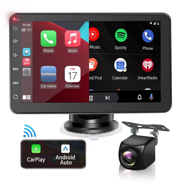 ATOVANKA Wireless Apple Carplay & Android Car, 7 Inch IPS Touchscreen Car Radio, Wireless Carplay Display with Reversing Camera, Portable Car Radio with Mirror Link, Google, Bluetooth, AUX, FM