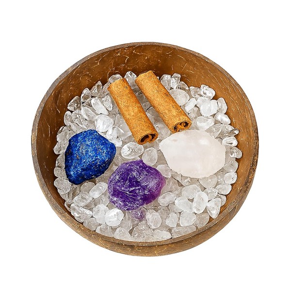 Crystal Cleansing Set with Coconut Bowl – Natural White Quartz