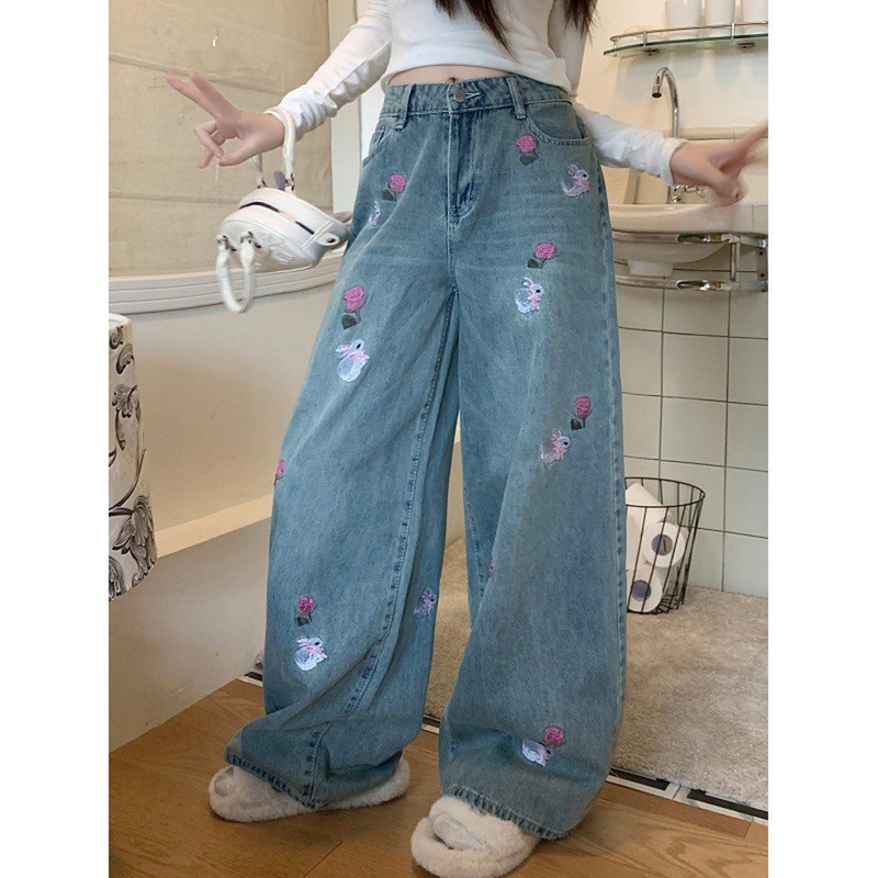 MEOKIM Women's Denim Pants Y2K Jeans Retro Embroidered Pattern Printed