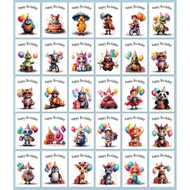 Happy Birthday Cards, Children Boys & Girls Box Set of 30 Watercolour Animal Designs with coloured Envelopes, 300gsm Card Stock #1838