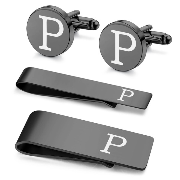 LOYALLOOK 4Pcs Stainless Steel Engraved Initial Cufflinks and Tie Bar