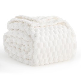 Aisbo Off White Blanket Throws For Sofas Bed- Fleece Soft Fluffy Blanket For Couch Armchair, Lightweight Warm Jacquard Travel Blanket For All Season, Single Size 130x150 cm