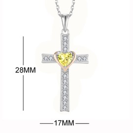 Aprila Women Necklace 925 Sterling Silver Heart Cross Pendant Necklace with Cubic Zirconia November Birthstone Citrine Color Jewelry