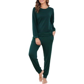 Wikoan Women Pyjamas Set Cotton Soft Pj's Sets Long Sleeve Striped Top & Solid Pants Sleepwear with Pockets Drawstring,Dark Green,XL