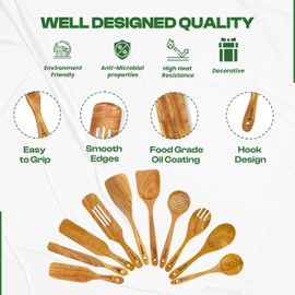 Wooden Kitchen Utensil Set — 10 Pcs of Different Wooden Spoons, Wooden Spatulas, and Wooden Spurtles for Cooking in Nonstick Cookware