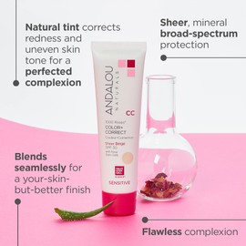 Andalou Naturals 1000 Roses CC Color + Correct with SPF 30, Sheer Beige, 2-in-1 Face Sunscreen + CC Cream for Sensitive Skin, Helps Correct Uneven Skin Tone, Reef Safe Sunscreen, 2 Fl Oz