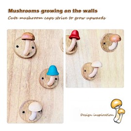 Auntzyj Wooden Mushroom Coat Hooks, Mushroom-Shaped Coat Hangers, Wall Mounted Towel Hanger, Solid Wood, Colorful, Set of Hooks with Screws (4 Hooks & 8 Screws)