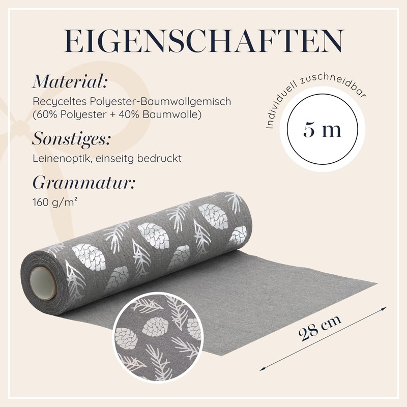 100%Mosel Table Runner Linen Look Grey, Pine Cones in Silver,