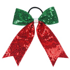 Xansema Large Cheer Bows Sequin Cheer Hair Bow for Girls, Glitter Cheer Bows Ponytail Cheerleading Ribbon Holder Hair Band for Women Teen Girls (Green Red)