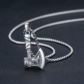 Viking Axe Pendant Necklace Celtic Wolf Sterling Silver Norse Tlisman Viking Jewelry Axe Warrior Hatchet Amult Necklace for Men Women