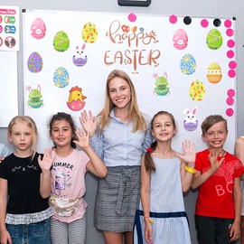 Lucleag 45 PCS Easter Egg Cutouts for Bulletin Board Decoration, Colorful Easter Egg Bunny Chick Cutouts for Easter Spring Classroom Bulletin Board School Egg Hunt Party Decoration