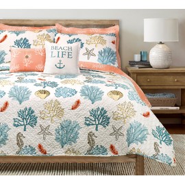 Lush Decor Coastal Reef Feather Reversible Quilt Set, 7 Piece Set Full/ Queen Blue & Coral - Queen Bedding Set Quilted - Coastal Decor - Beach House - Beachy Room