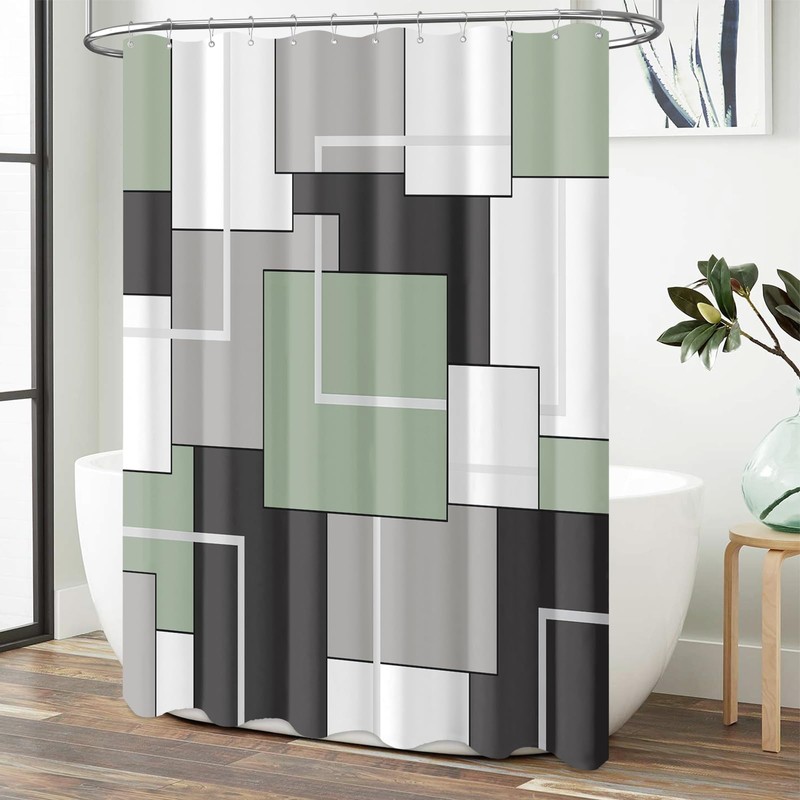 BTTN Sage Green Fabric Shower Curtain, Modern Geometric Neutral Cloth