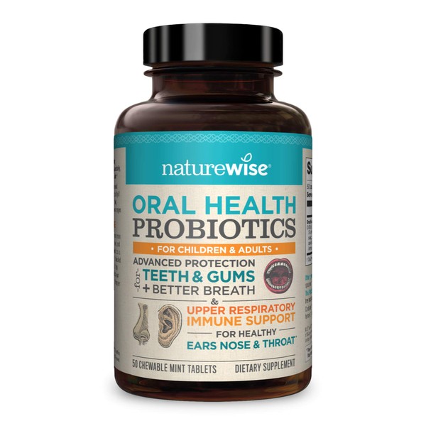 NatureWise Oral Health Chewable Probiotics: Clinically Proven Protection for Teeth & Gums with Advanced Ear, Sinus & Throat Immune Support for Kids & Adults (50 Chewable Capsules)