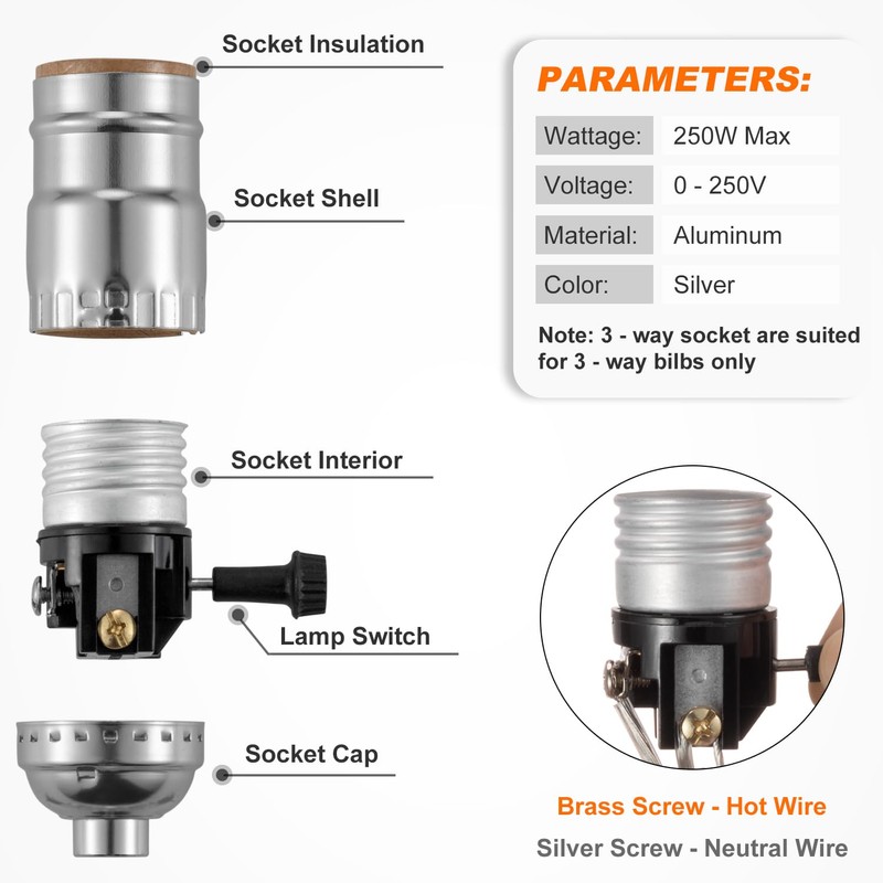 3 Way Lamp Socket Replacement, E26 Threaded Base, Turn Knob