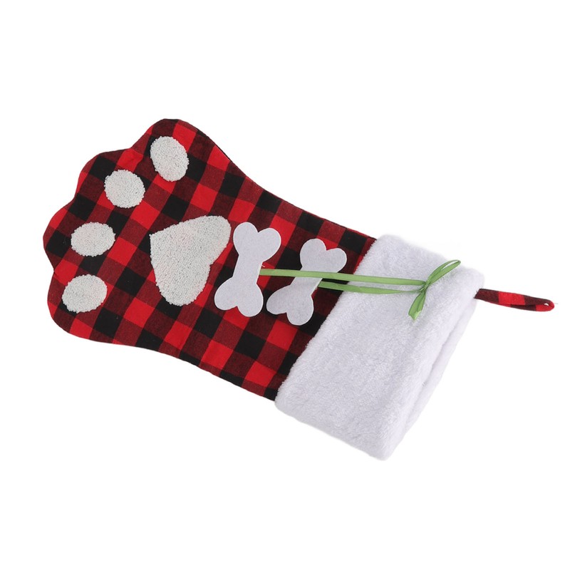 Christmas Stocking Dog Paw Shape Plaid Decorative Gift Bag Christmas