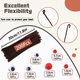 940 Pcs Christmas Brown Pipe Cleaners Set, Christmas Craft Supplies Including 200Pcs Brown Chenille Stems, 370Pcs Self-Sticking Wiggle Googly Eyes and 370Pcs Red Pompoms for Christmas Reindeer Crafts