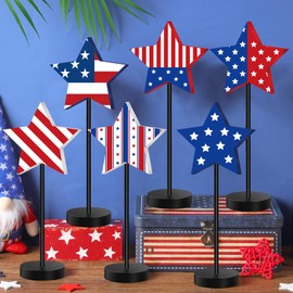Wenqik 6 Pcs 4th of July Wooden Star Decoration Independence Day Tiered Tray Decor Patriotic Memorial Day Standing Blocks Farmhouse Rustic Tabletop Decor for Home Festival Decorations