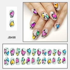 Heart Press on Nails Colorful Fake Nails Short Almond False Nails with Design Love Glue on Nails Artificial Acrylic Nail Full Cover White Stick on Nails for Women Manicure 24Pcs