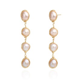 Handmade 14K Gold Filled Wire Beaded Long Cultured Purple Baroque Pearl Dangling Drop Earrings for Women Trendy