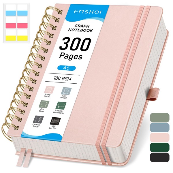 EMSHOI A5 Graph Paper Notebook, Spiral Notepad 150 Sheets/300 Pages,