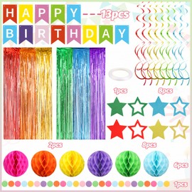 Great Birthday Decoration Set - Birthday Banner, Foil Curtains, Honeycomb Balls & Party Accessories, Multicoloured Birthday Decoration, For Boys/Girls, Children's Birthday, Easy to Assemble