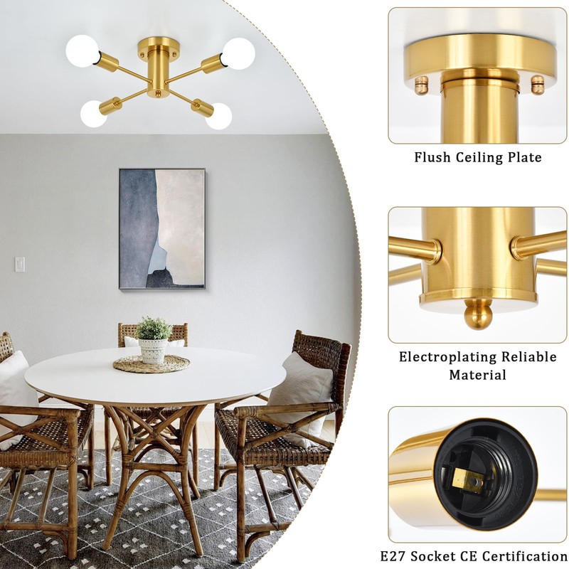 ASHUAQI Gold Ceiling Light, 4 Lights Sputnik Ceiling Light, Modern