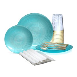 " OCCASIONS " 200pcs set (25 Guests)-Wedding Party Disposable Plastic Plate Set -25 x 10'' + 25 x 7'' + Silverware + Cups + Napkins (Belize in Aqua)