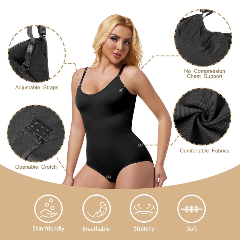 ONEW Women Shapewear Bodysuit Tummy Control Body Shaper Low V