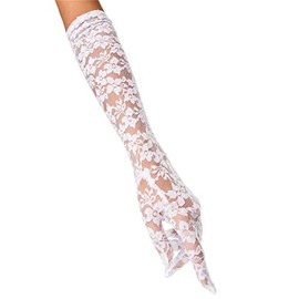 Seeksmile Women's 19" Elbow Length Sheer Lace Print Floral Gloves for Wedding Opera Party 1920s Flapper Cosplay (White)