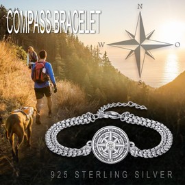 PARYFO Compass Bracelet 925 Sterling Silver Compass Jewelry for Graduation Talisman Travel Inspirational Gifts for Men Women Graduation Birthday, with Stainless Steel chain