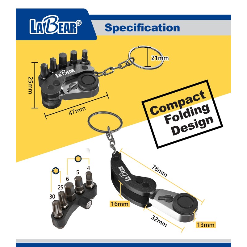 LABEAR - Golden Mini Folding Ratchet Screwdriver Set, 72-Tooth Reversible