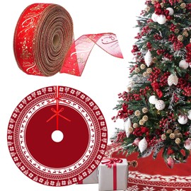 Biluer Large Christmas Tree Skirt, 120 cm Christmas Tree Skirt, 1 x Elk Deer Tree Skirt, Round Christmas Tree Skirt Mat with 1 Roll Christmas Tree Decoration Ribbon for Home Christmas Party Christmas