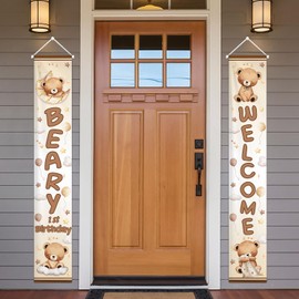 AIBIIN Brown Bear Birthday Porch Banner Beary 1st Birthay Porch Sign Banner One Year Old Welcome Hanging Decorations for Indoor Outdoor Bear Photo Props Supplies