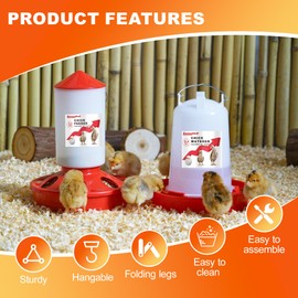 ZenxyHoC Chick Feeder and Waterer Set, Top Fill 0.4 Gal Feeder and 0.4 Gal Waterer with Scoop and 3 Adjustable Heights Legs Red