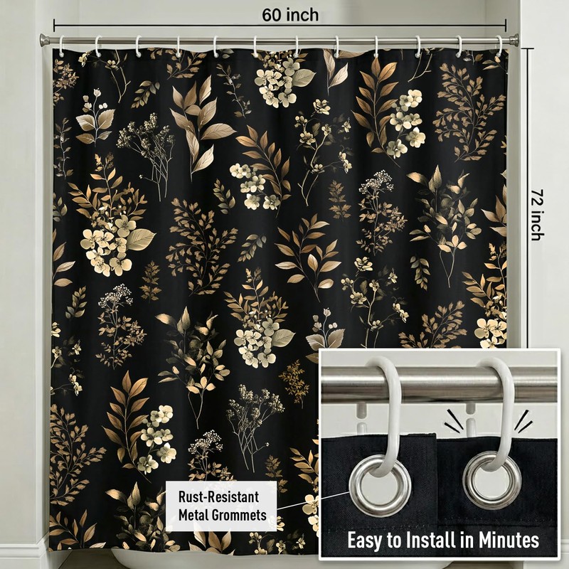 EGLGCC Vintage Floral Shower Curtain, Black Gold, 12 Hooks, 60"
