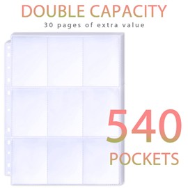 30 Pack 540 Pockets Trading Card Sleeves, 11 Hole Double-Sided 9 Pocket Page Protector, Ultra-Transparent Card Sheets for A4 2/3/4 Ring Binder, Card Sleeves for Game Cards, Football Cards