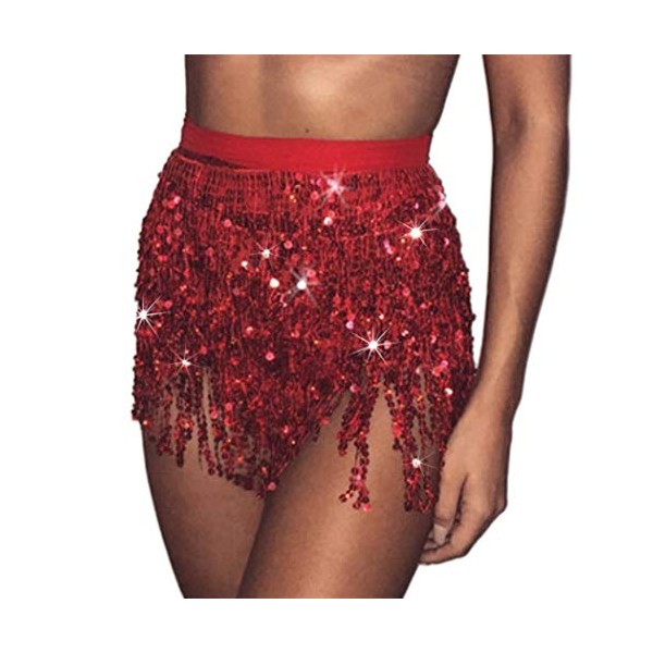 Zoestar Boho Sequin Tassel Hip Scarf Multilayer Belly Dance Belt Dance Performance Skirt for Women and Girls (Red)
