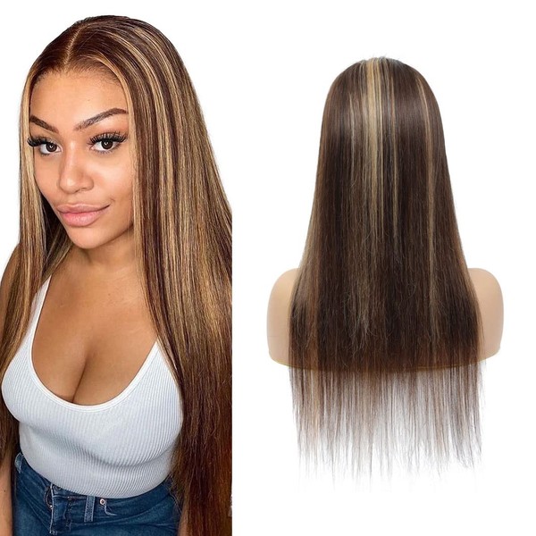 TQPQHQT Women's Real Hair Wig, Blonde Wig, Blonde Body Wave Straight Lace Front Wig, 4x4 Lace Closure Wig, P1B427 Highlight Brazilian Hair Wig with Natural Hairline, 18 Inches (46.8 cm)