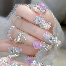Decorate Press on Nails Medium Coffin 24Pcs Fake Nails 5D Flower Pearl Rhinestone Designs Leaf Heart Nails Glue on Nude-Pink Cat Eye Glitter Nail Press ons Fashion Manicure Art Style