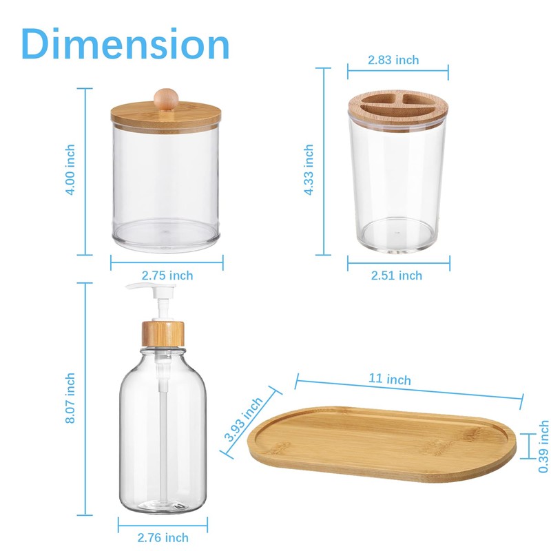 5 Pack Bamboo Bathroom Accessories Set with Tray - Plastic
