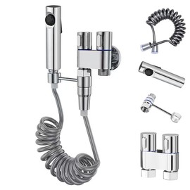 Grifos para Bidé,Ducha Bidet Acero Inoxidable, Grifo Portatil para WC Kit Ducha de Lavabo, con Soporte, Adaptador y Manguera WC,para higiene femenina, riego de flores, lavado de coches, duchas(Plata)