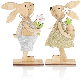 com-four Set of 2 Decorative Stands for Easter, Easter Bunnies with Flower and Carrot, Wooden Easter Decoration (2 Pieces, Orange / Yellow)
